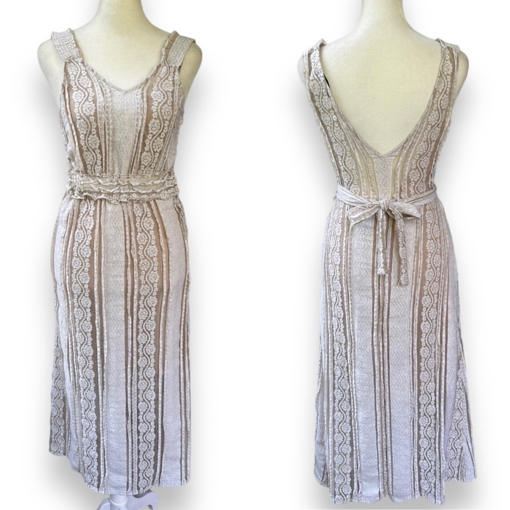 Endless Rose Beige Lace Sleeveless Waist Tie Midi Dress | Size XS